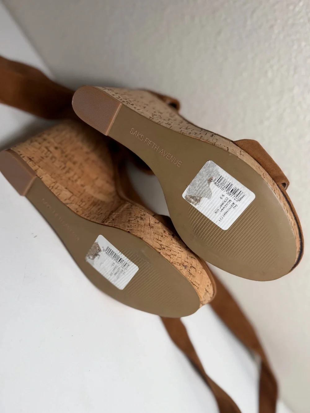 Saks Fifth Avenue~Cognac~Suede Leather Wrap~Cork~Wedge~Platform~Sandal~Size 9.5